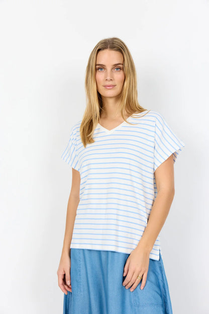 Striped Ribbed V-Neck Short Sleeve Top. Style SOYA27514