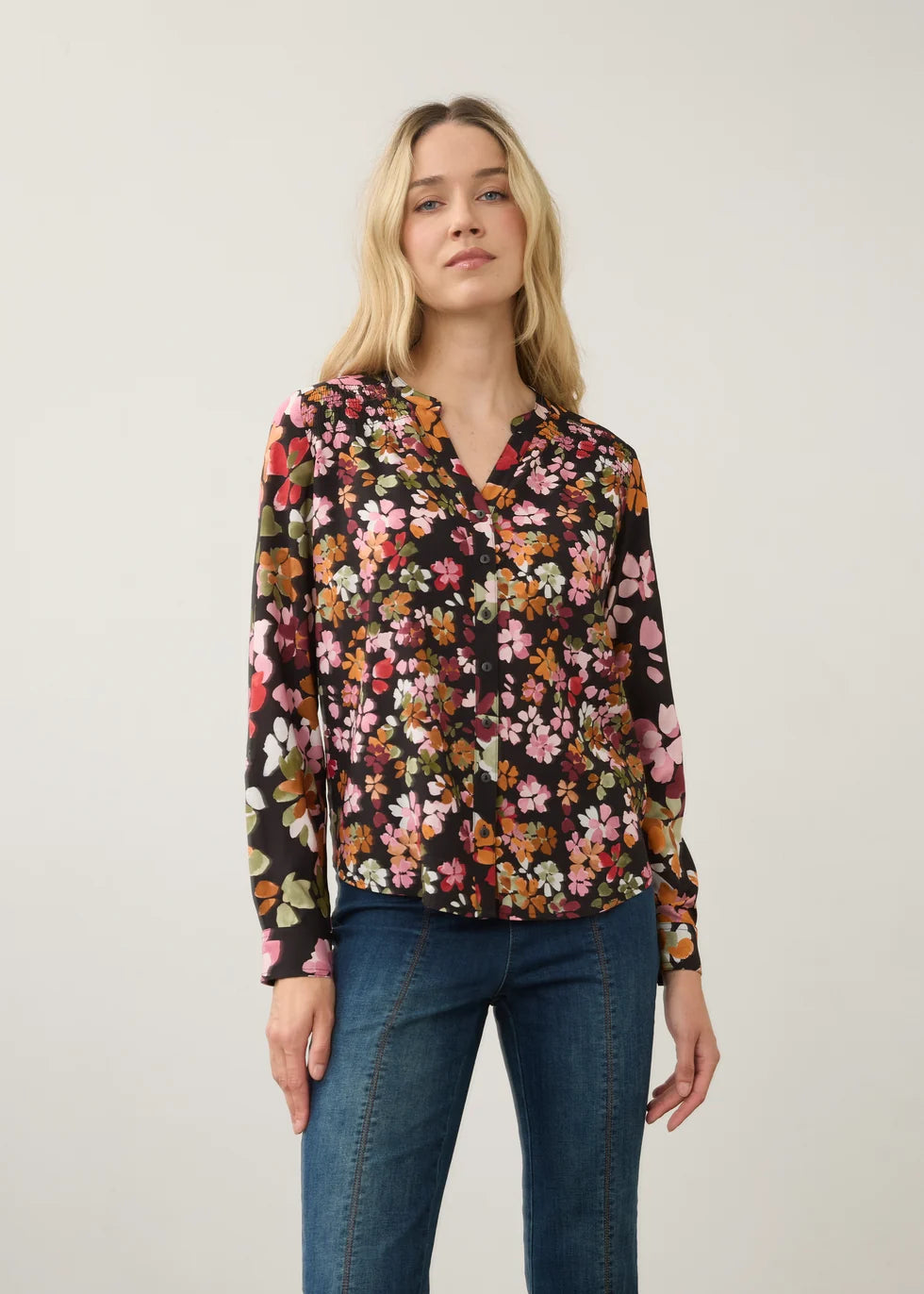 Button Front Collared Smocking Detail Floral Print Top. Style FD7796397