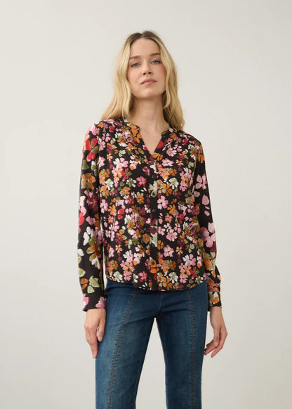 Button Front Collared Smocking Detail Floral Print Top. Style FD7796397