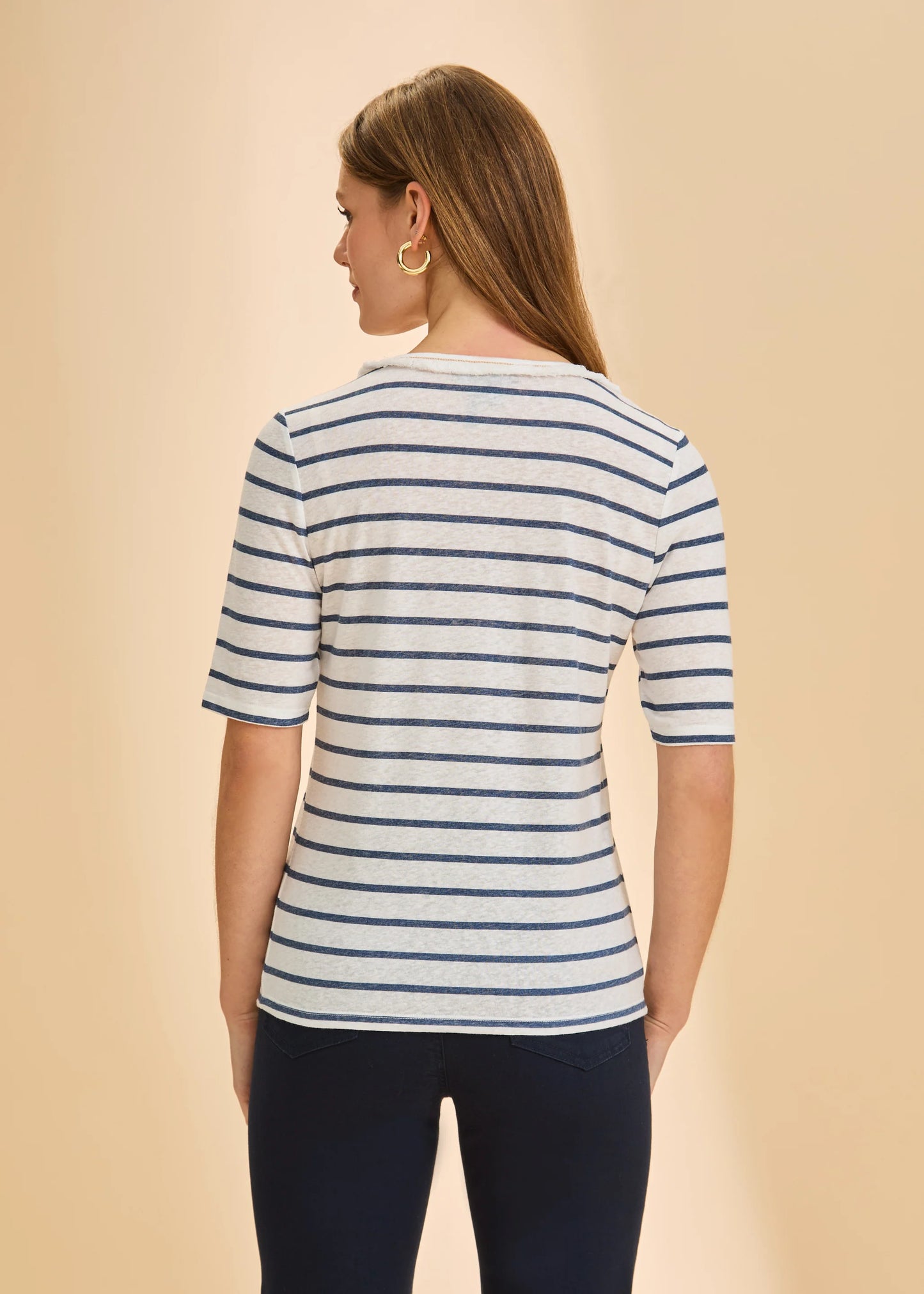 Fringed V-Neck Short Sleeve Striped Top. Style FD3641788