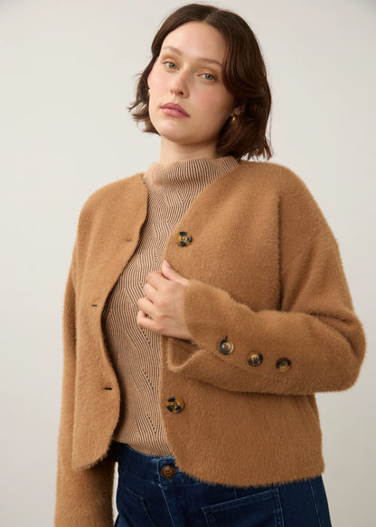 Collarless Fuzzy Knit Button Front Jacket. Style FD10047431