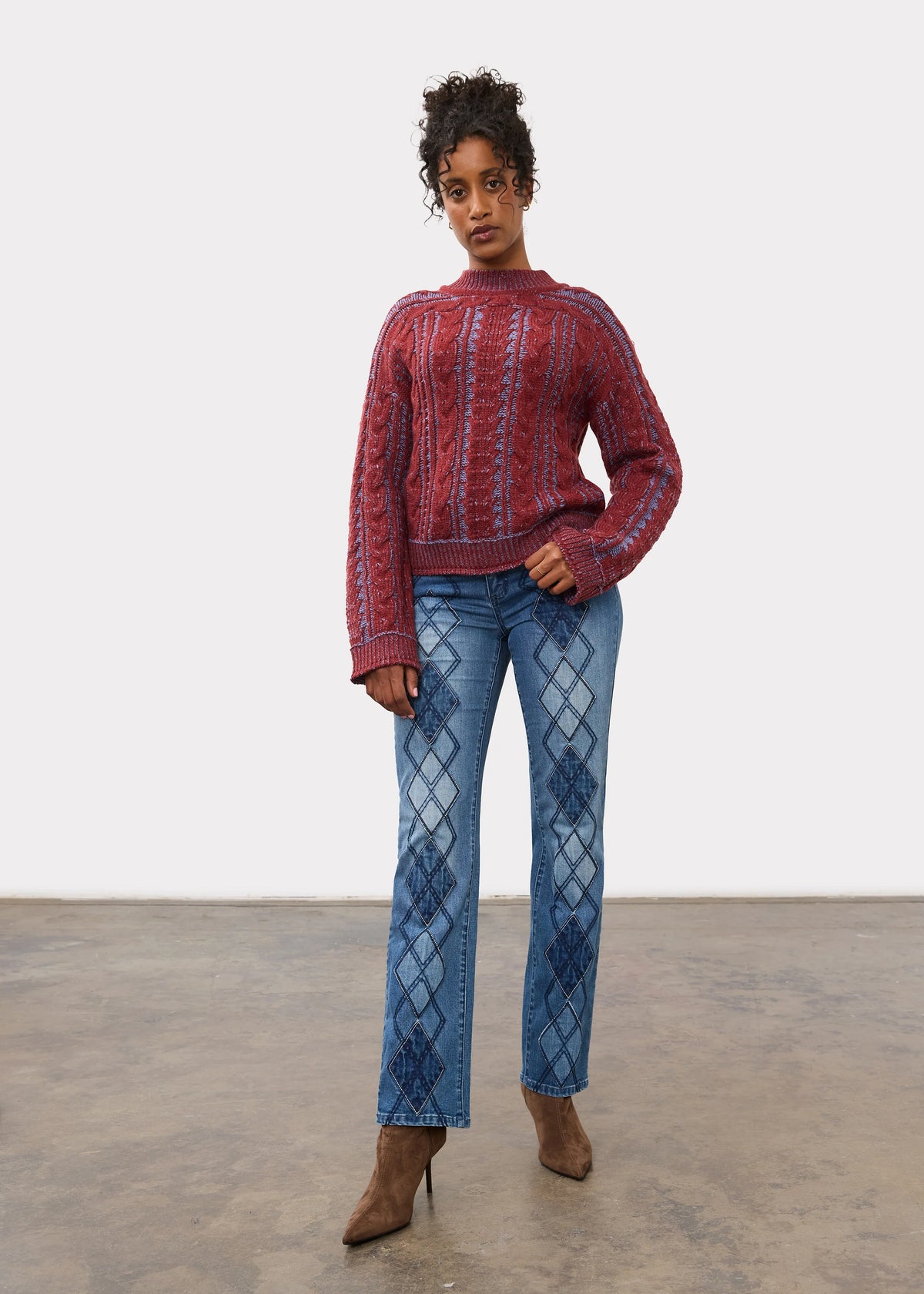 Long Sleeve Cable Knit Two Tone Sweater. Style FD1162781
