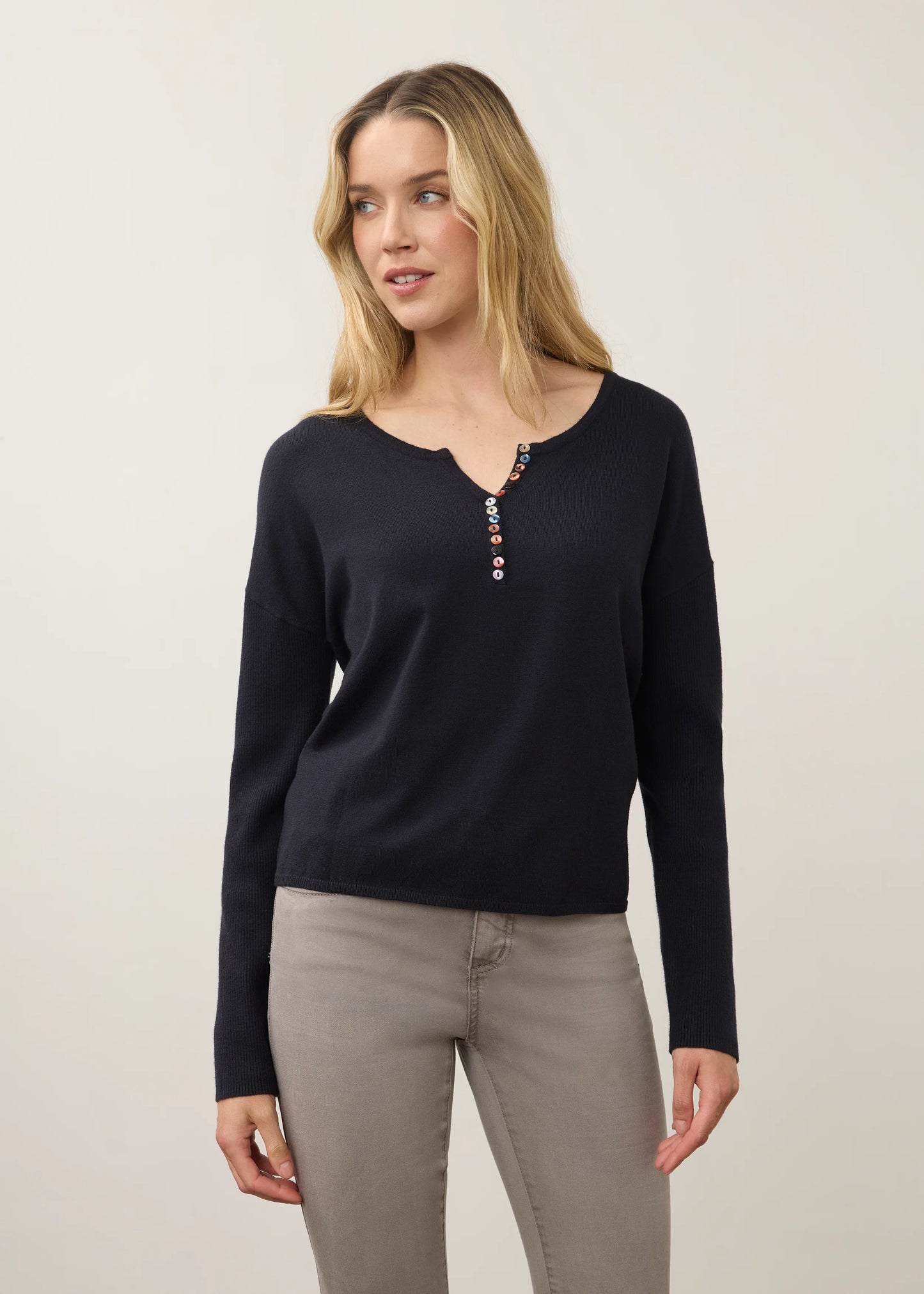 Notch Neck Statement Buttons Ribbed Sleeve Sweater. Style FD1056212