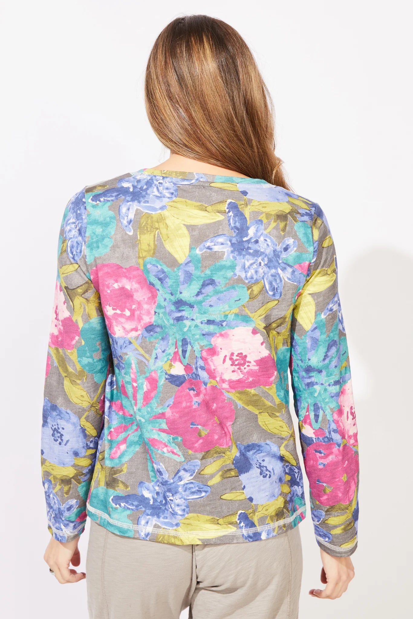 Round Neck Botanical Blooms Cotton Slub Layer Top. Style ESC91201
