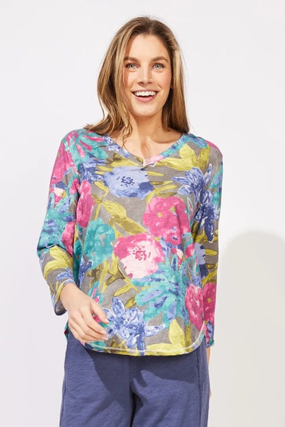 V-Neck Botanical Blooms Cotton Slub Layer Top. Style ESC91206