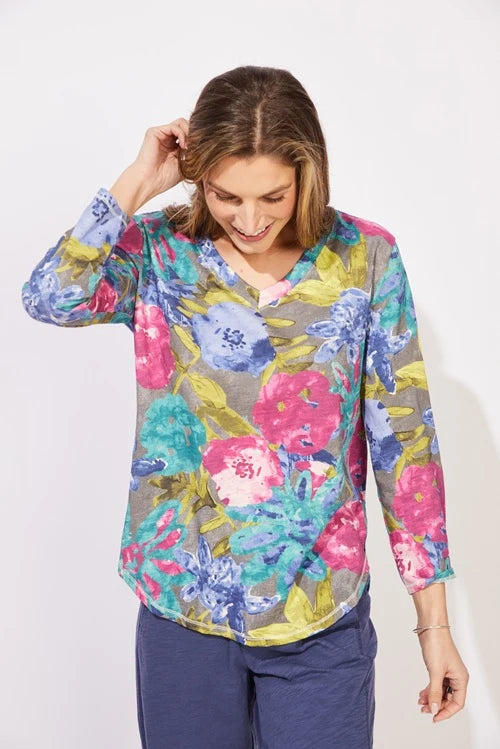 V-Neck Botanical Blooms Cotton Slub Layer Top. Style ESC91206
