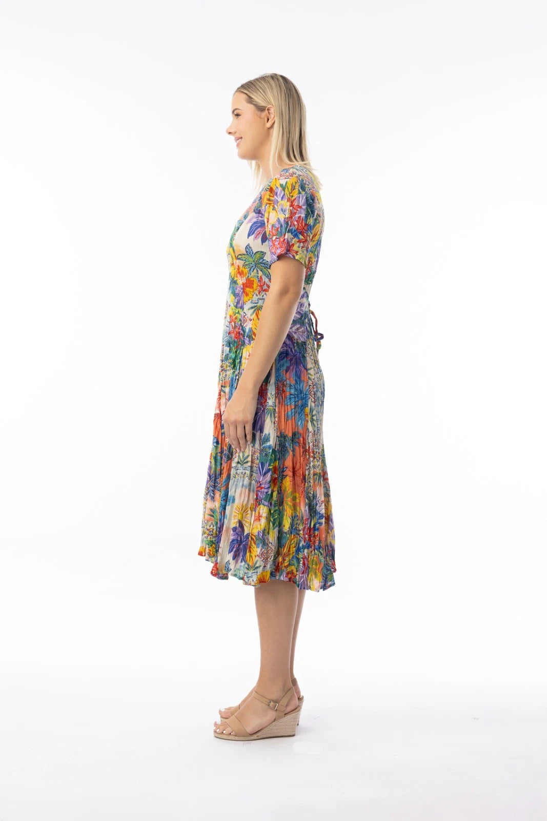 Fit & Flare Back Tie Short Sleeve "Aruba" Print Dress. Style ORI91-265
