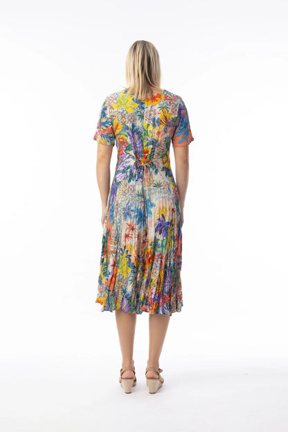Fit & Flare Back Tie Short Sleeve "Aruba" Print Dress. Style ORI91-265