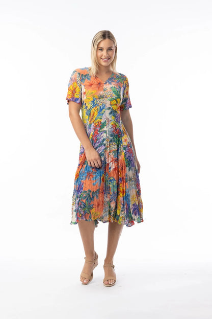 Fit & Flare Back Tie Short Sleeve "Aruba" Print Dress. Style ORI91-265