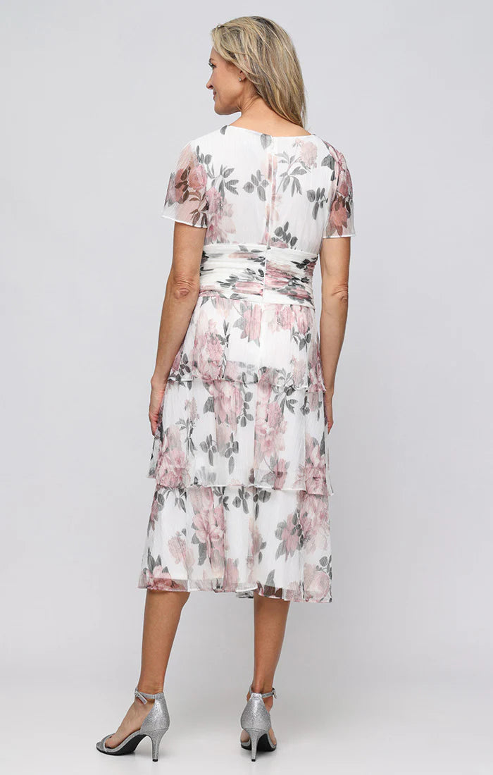Floral Ruched Waist Flutter Sleeves Shimmer Dress. Style SL9155288