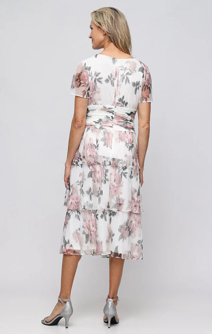 Floral Ruched Waist Flutter Sleeves Shimmer Dress. Style SL9155288
