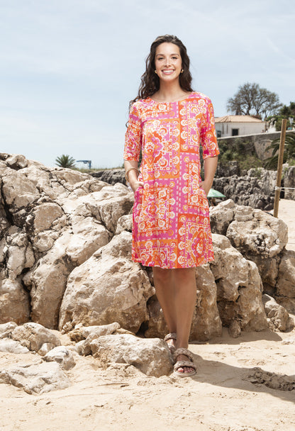 Round Neck Keyhole Back Short Sleeve Dress. Style ORI10-078