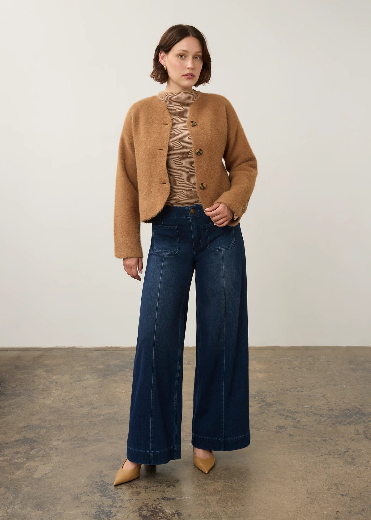 Collarless Fuzzy Knit Button Front Jacket. Style FD10047431