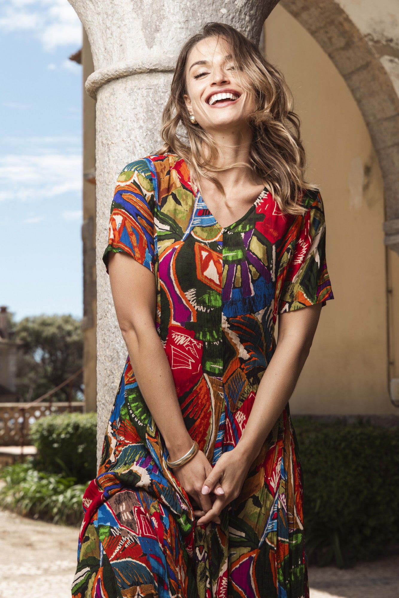 Fit & Flare Back Tie Short Sleeve "Torgua" Print Dress. Style ORI91-257