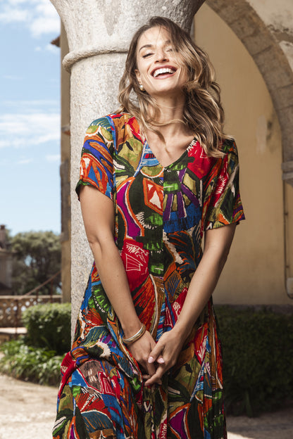 Fit & Flare Back Tie Short Sleeve "Torgua" Print Dress. Style ORI91-257