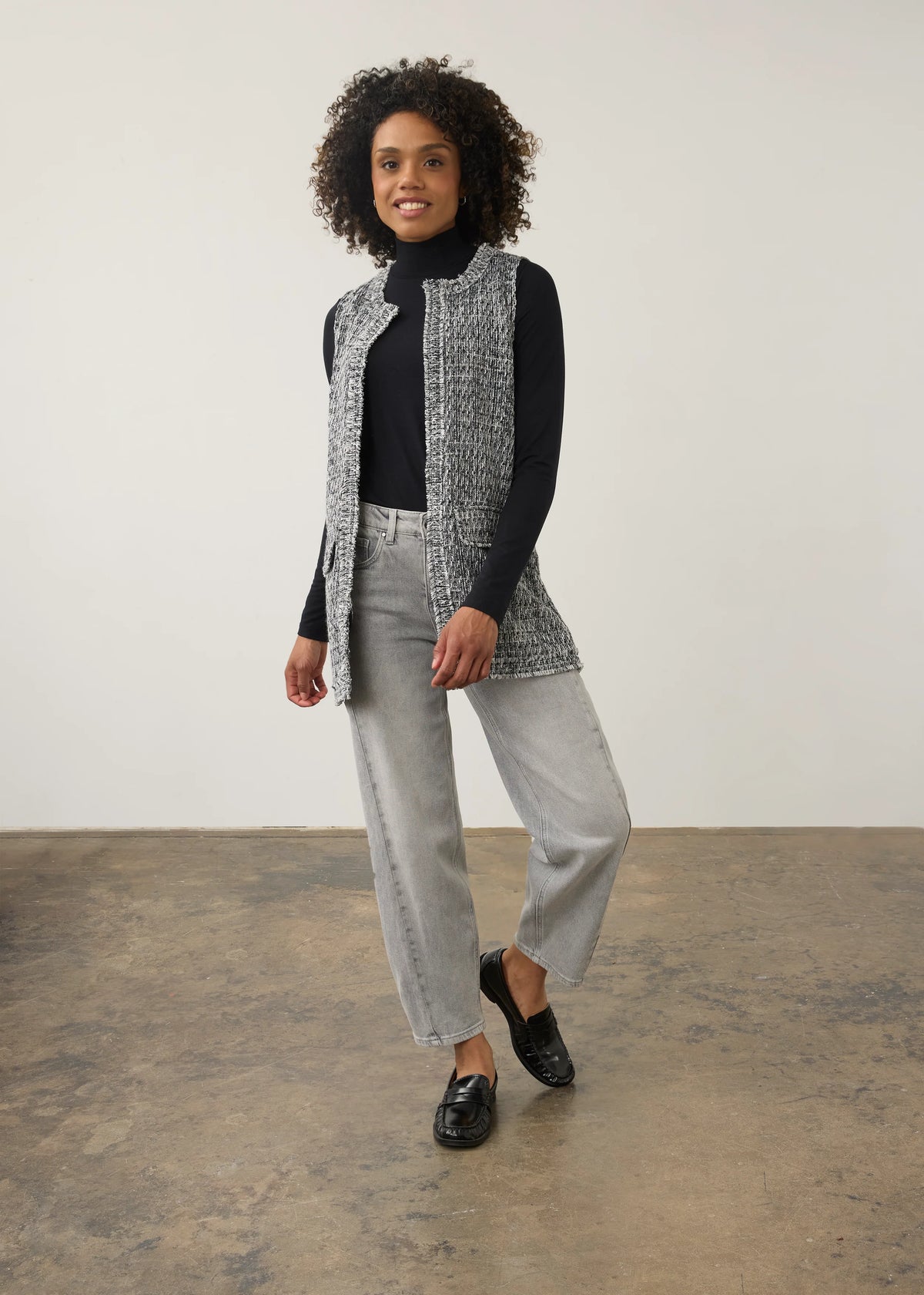 Long Length Open Front Tweed Vest. Style FD10008239