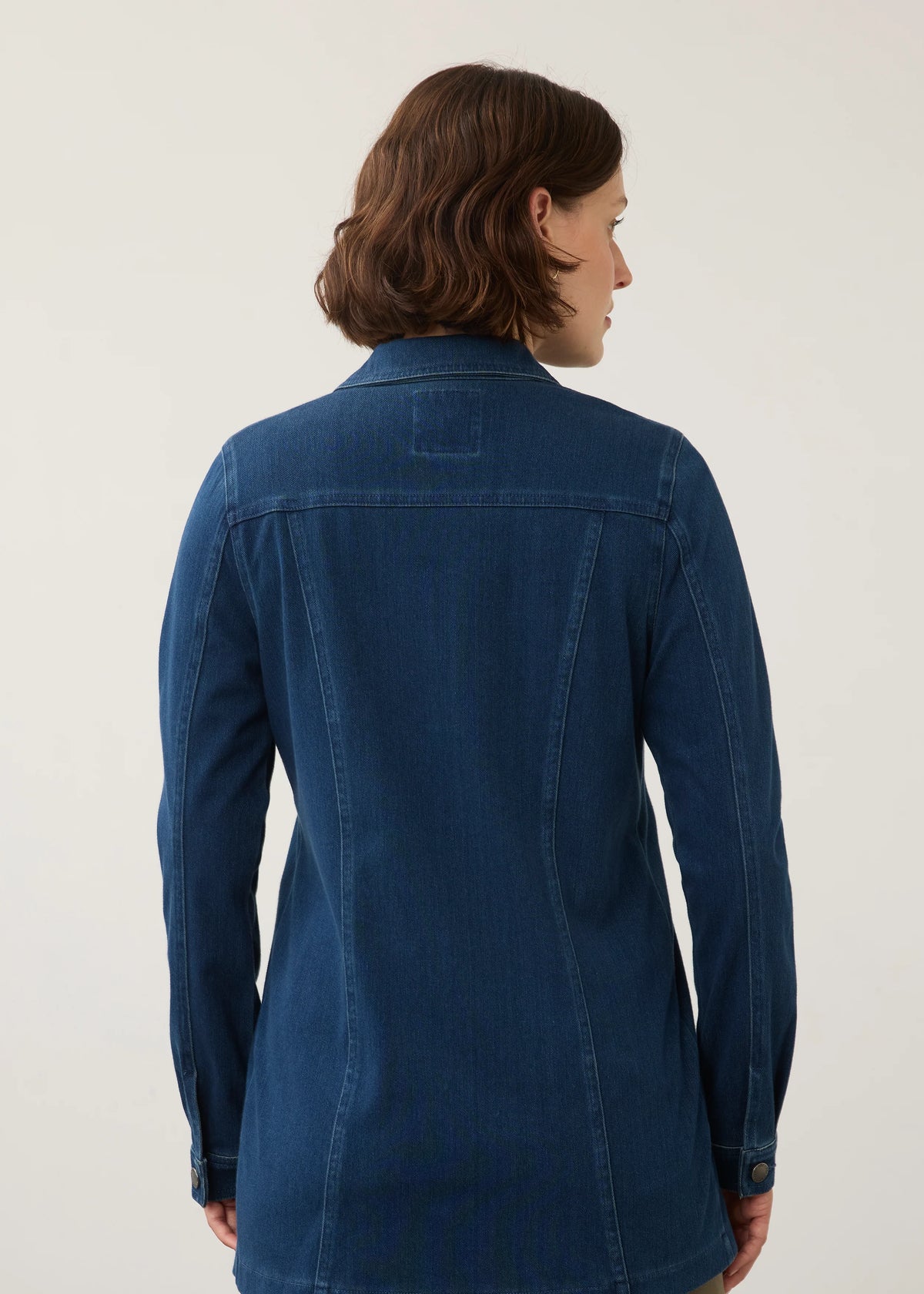 Long Button Front Structured Seams Denim Jacket. Style FD1825131