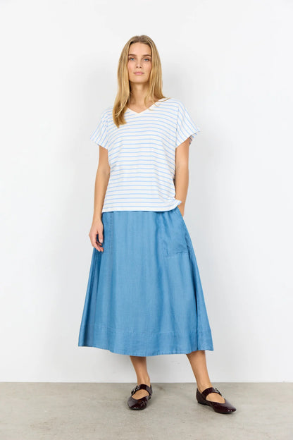 Striped Ribbed V-Neck Short Sleeve Top. Style SOYA27514