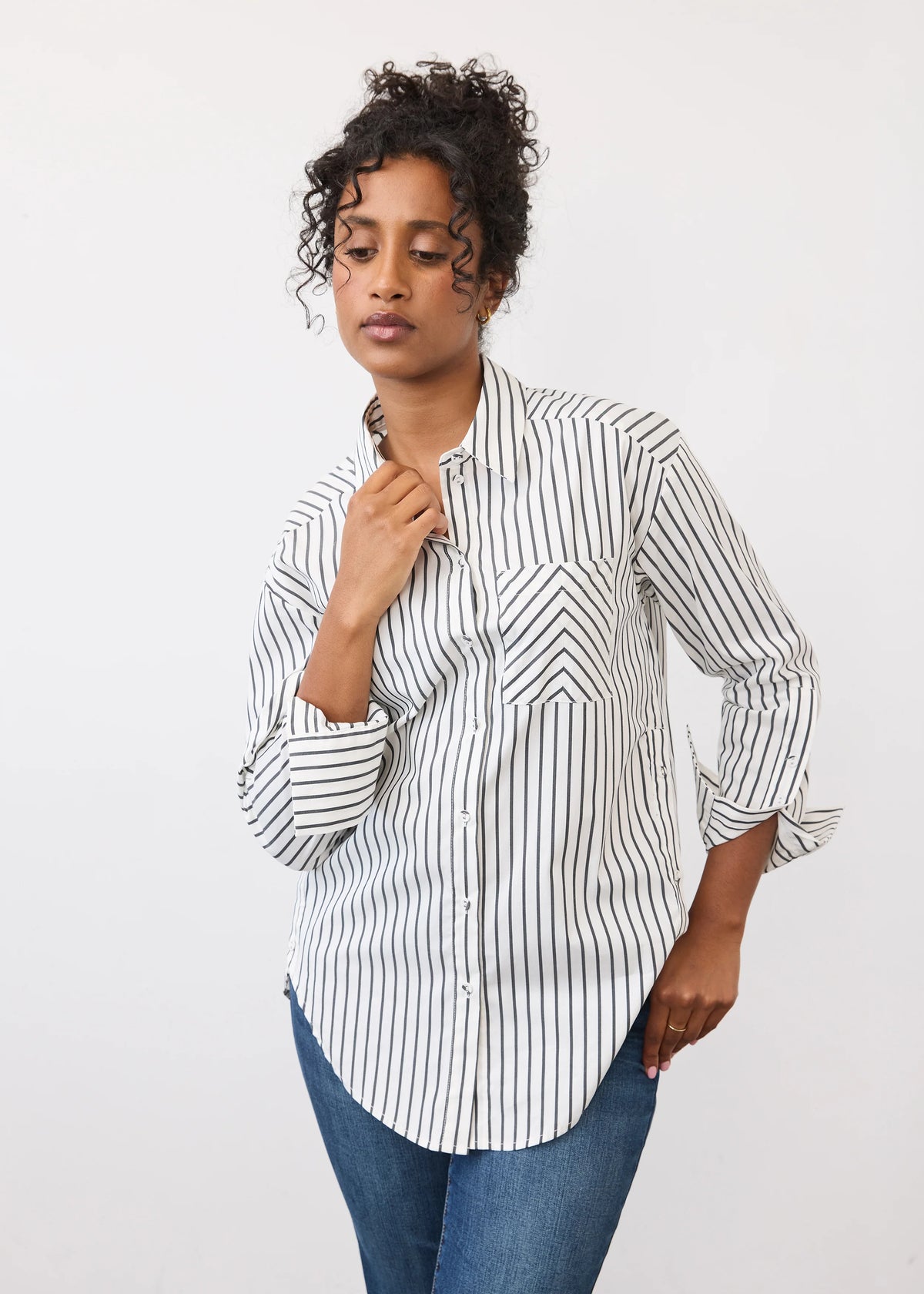 Long Sleeve Striped Button Front Blouse. Style FD7481623
