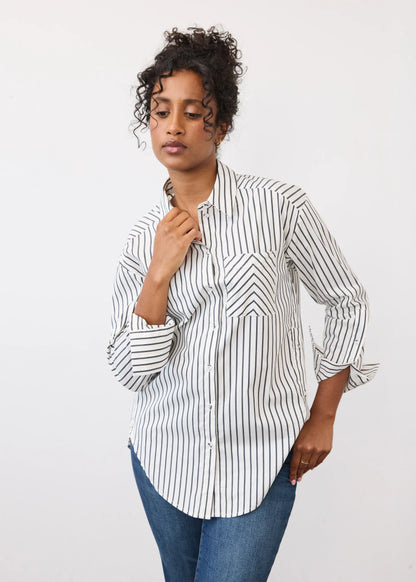 Long Sleeve Striped Button Front Blouse. Style FD7481623