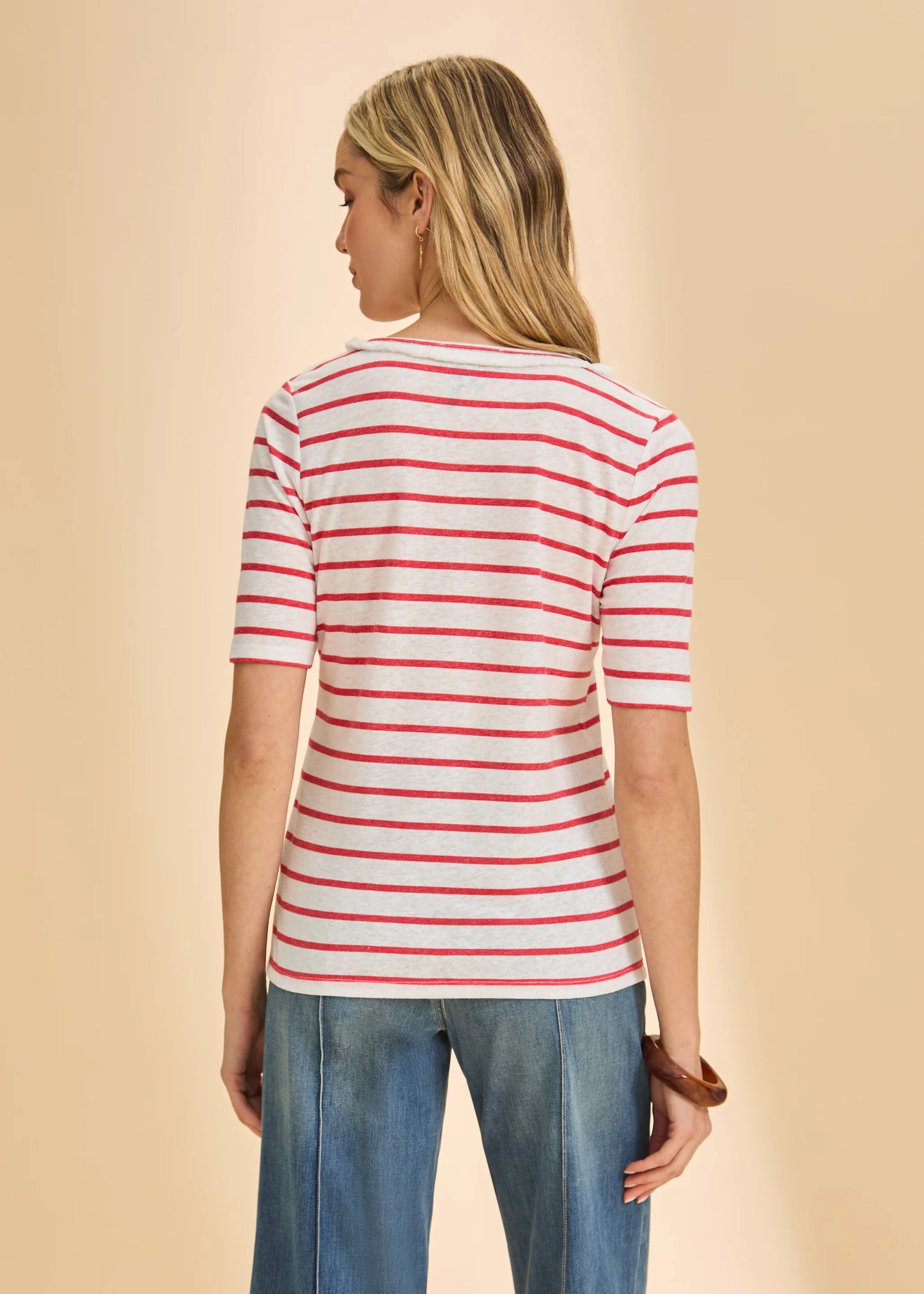 Fringed V-Neck Short Sleeve Striped Top. Style FD3641788