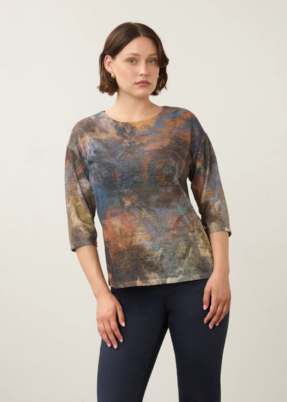 Abstract Print Boat Neck Drop Shoulder Top. Style FD3901451