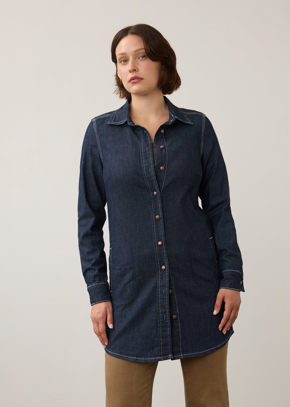 Long Sleeve Button Front Denim Tunic. Style FD7325992