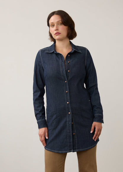 Long Sleeve Button Front Denim Tunic. Style FD7325992
