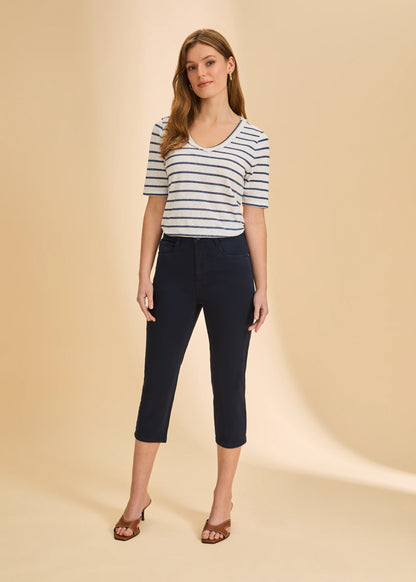 Fringed V-Neck Short Sleeve Striped Top. Style FD3641788