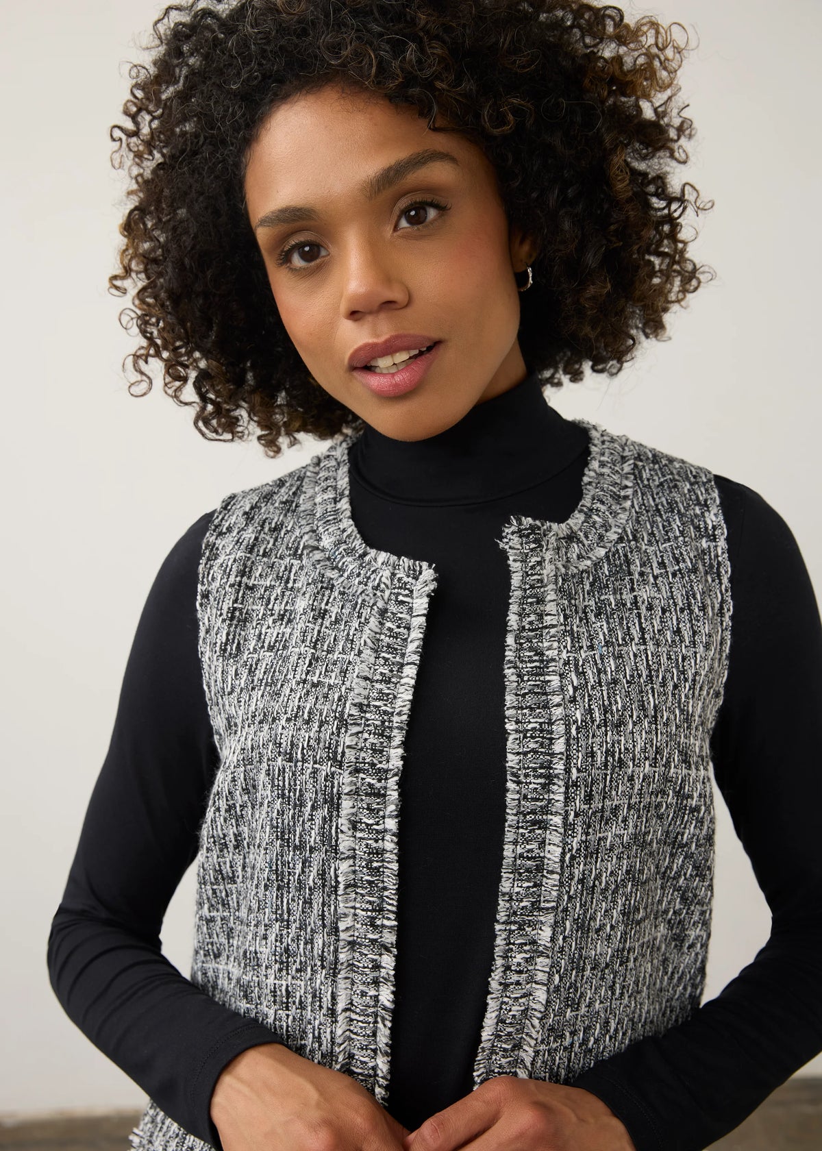 Long Length Open Front Tweed Vest. Style FD10008239