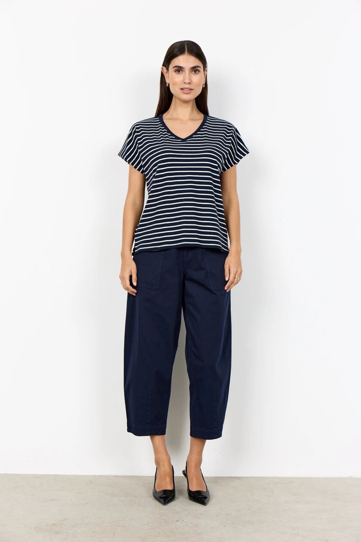 Striped Ribbed V-Neck Short Sleeve Top. Style SOYA27514