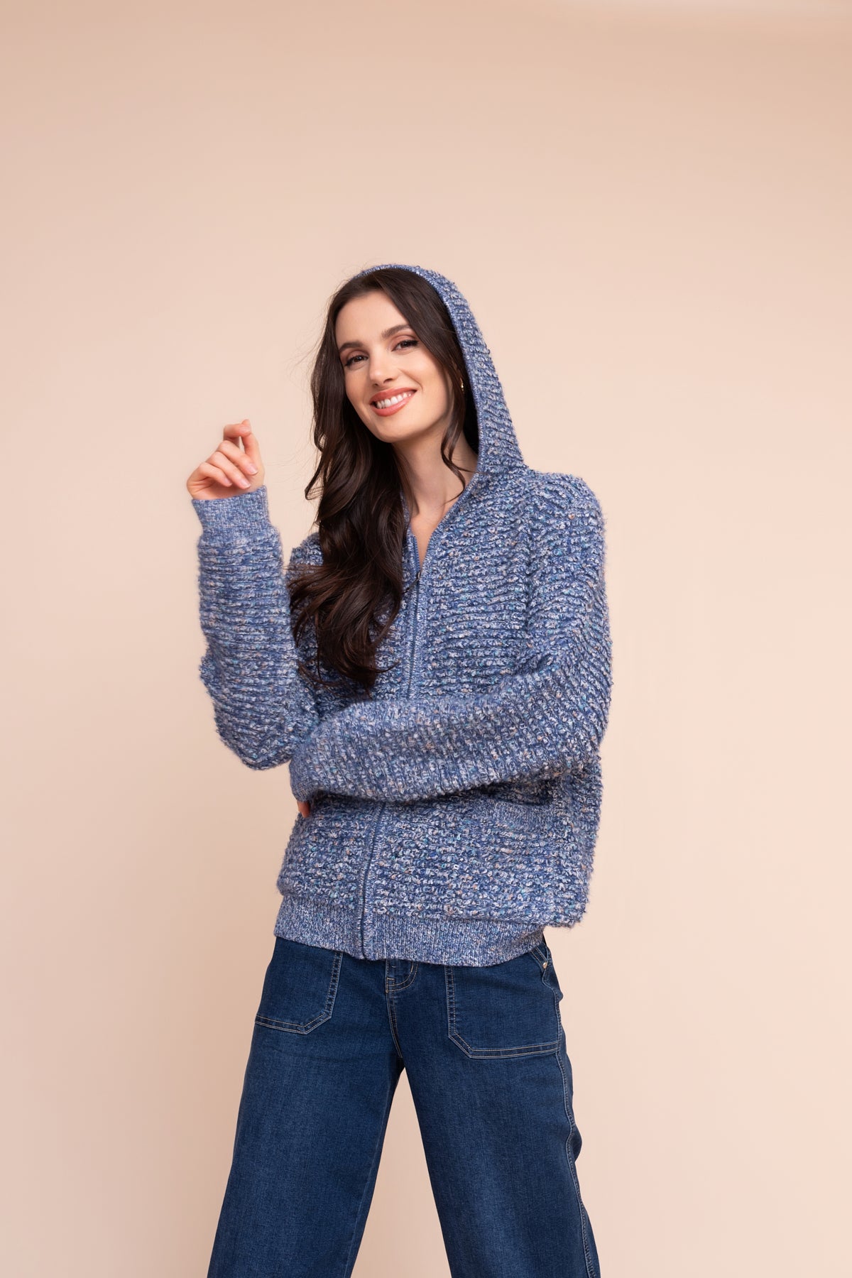 Zip Front Boucle Hooded Cardigan. Style ALSA48098