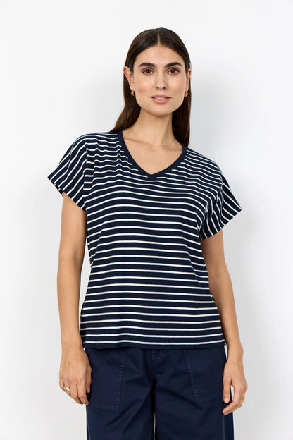 Striped Ribbed V-Neck Short Sleeve Top. Style SOYA27514