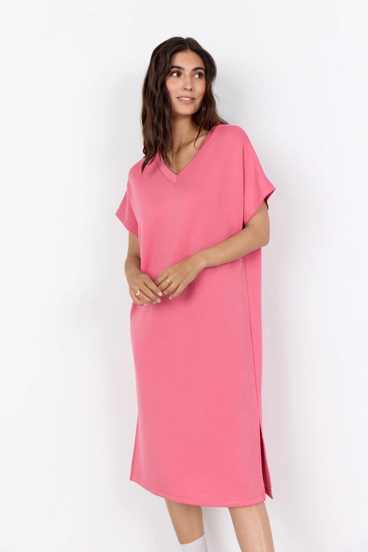 V-Neck Drop Shoulder Soft Stretch Fabric Midi Dress. Style SOYA27539
