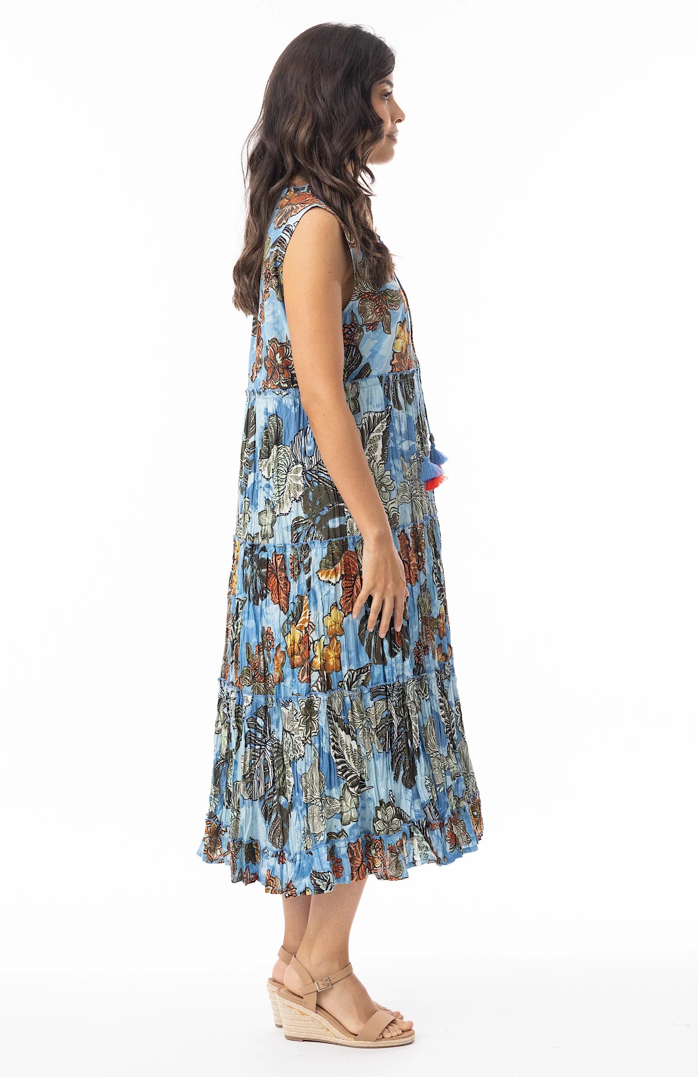 Tiered Crinkle Cotton Decorative Tassel Midi Dress. Style ORI20-112