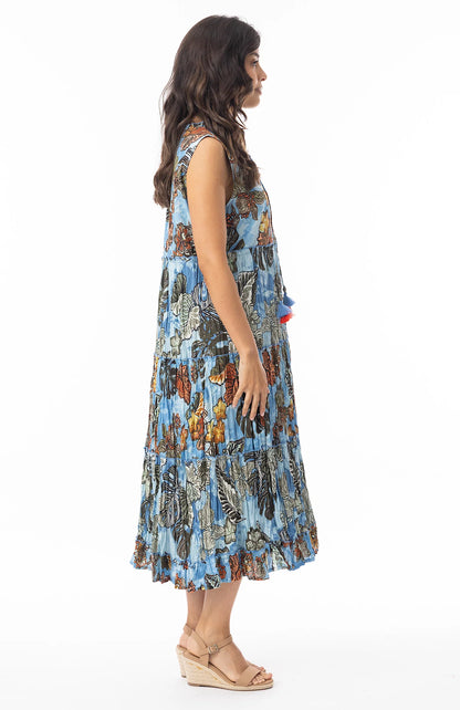 Tiered Crinkle Cotton Decorative Tassel Midi Dress. Style ORI20-112