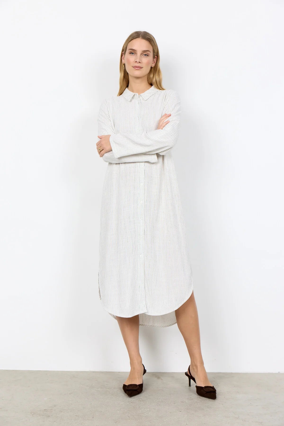 Vertical Stripes Button Front Shirt Style Midi Dress. Style SOYA41588