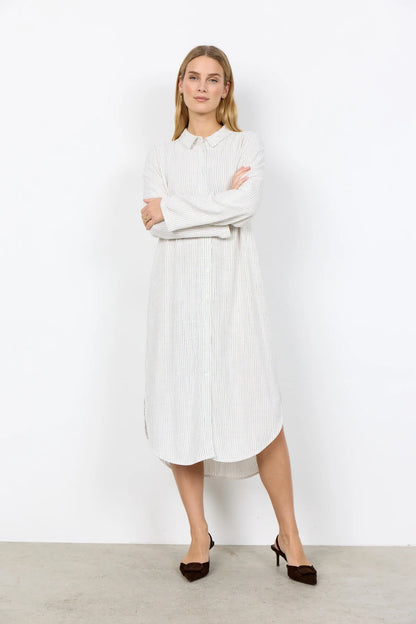 Vertical Stripes Button Front Shirt Style Midi Dress. Style SOYA41588