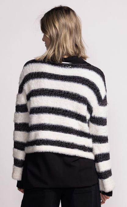 Christy Fuzzy & Pointelle Striped Bell Sleeve Sweater. Style PMSW-2480