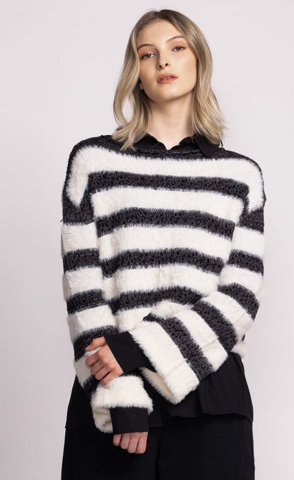 Christy Fuzzy & Pointelle Striped Bell Sleeve Sweater. Style PMSW-2480