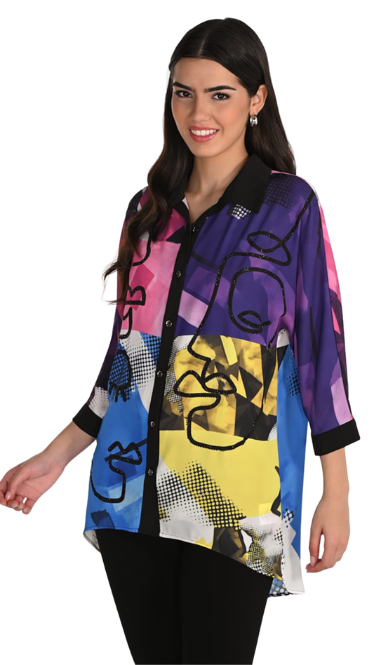 Colour Block Abstract Pattern Rhinestone Shirt. Style FL266541