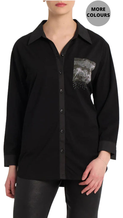 Button Front Rhinestone Pocket Shirt. Style MIKBL2420