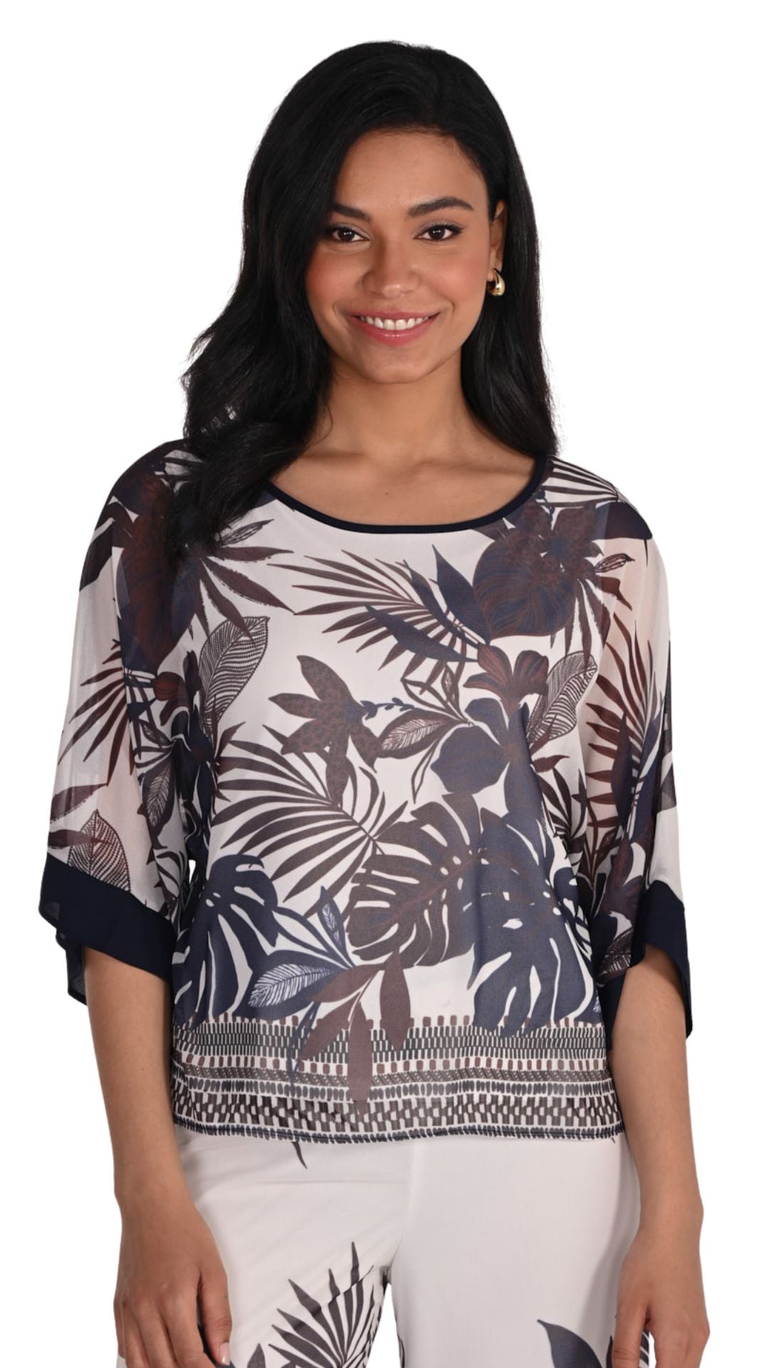 Boat Neck Chiffon Tropical Leaf Print Top. Style FL266107