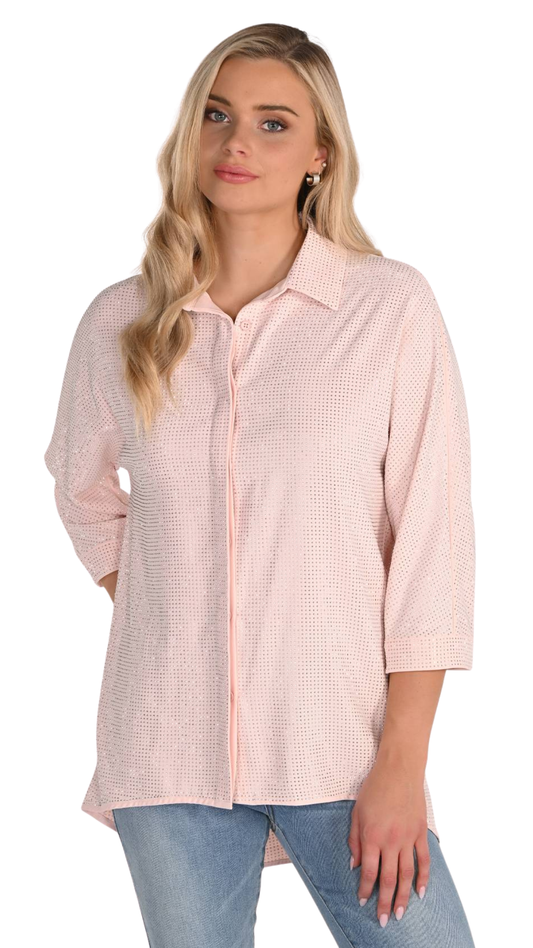 Rhinestone Embellished 3/4 Sleeve Shirt. Style FL266514