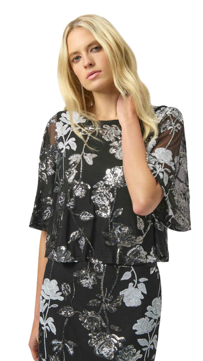 Sequin Embroidered Floral Print Boxy Top. Style JR254181