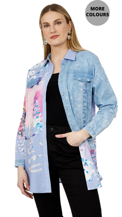 Patchwork & Denim Button Front Blouse. Style FL243528U