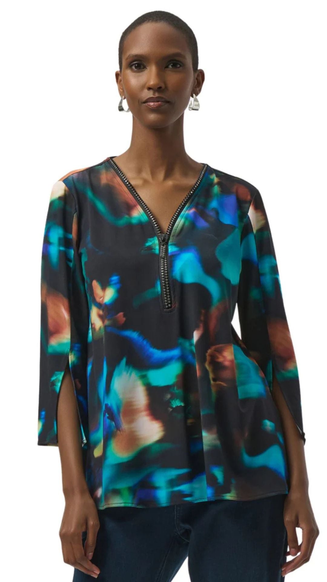 Zipper Neckline Rhinestone Detail Tunic. Style JR254204