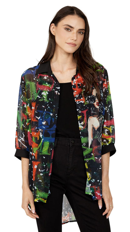 Abstract Multi Print Rhinestone Button Front Blouse. Style FL254932