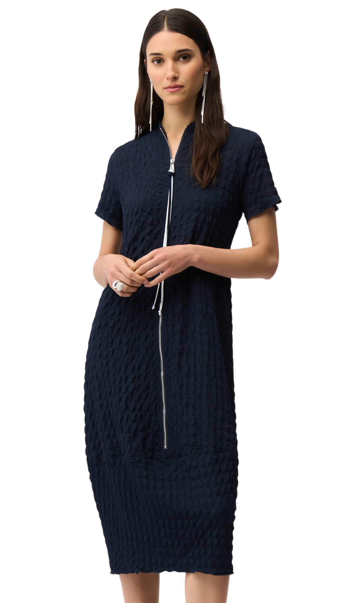 Textured Knit Front Zipper Cocoon Dress. Style JR261064
