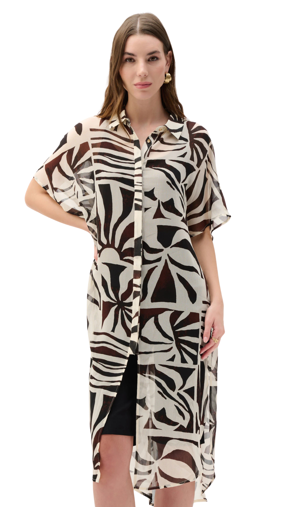 Lightweight Chiffon Abstract Print Long Length Blouse. Style JR262949